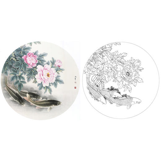 工笔花鸟白描底稿-路雨年-牡丹鲤鱼小品-A463 商品图0