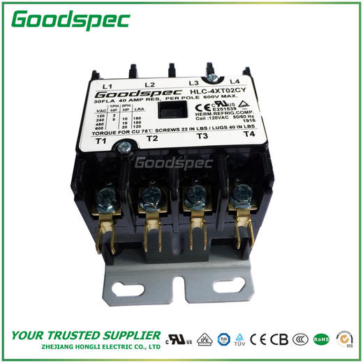 HLC-4XT02CY(4P/30A/120VAC)空调接触器(以下简称接触器)主要适用于50Hz或60Hz，在AC-8b使用类别额定工作电压为277V或600V时额定电流至30A电路中，适用于起动和 商品图2