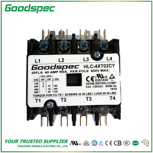 HLC-4XT02CY(4P/30A/120VAC)空调接触器(以下简称接触器)主要适用于50Hz或60Hz，在AC-8b使用类别额定工作电压为277V或600V时额定电流至30A电路中，适用于起动和 商品图1