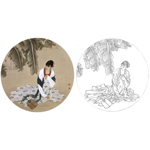 王美芳工笔传统仕女人物白描底稿《圆光之三》-圆面小品-多种白描尺寸可选-B166 商品图0