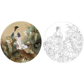 王美芳工笔传统仕女人物白描底稿《圆光之二》-圆面小品-多种白描尺寸可选-B160