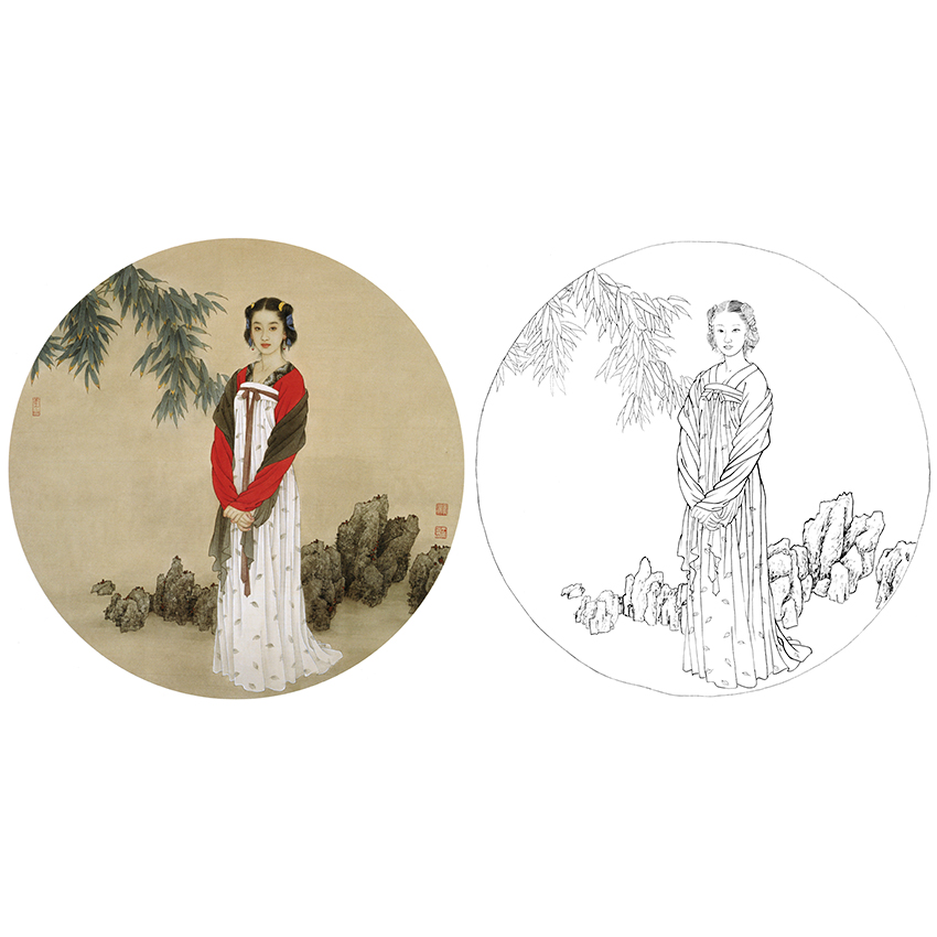 白描底稿斗方小品圆面现代人物王美芳仕女圆光之一多种白描尺寸可选b