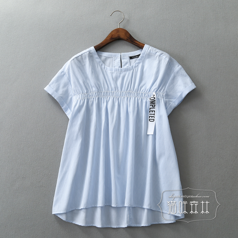 法国单 猫咪森林 2016夏季新款女装 圆领休闲小清新条纹t恤衬衫