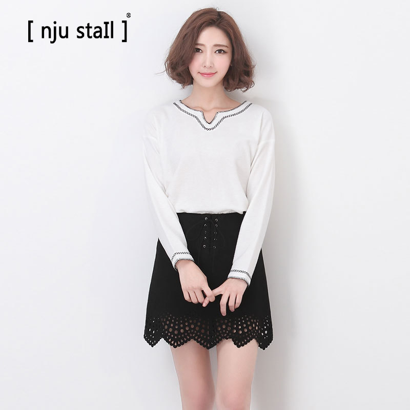 〔njustail〕秋季韩版长袖t恤女镶边鸡心领百搭修身上衣ns-nme-165036