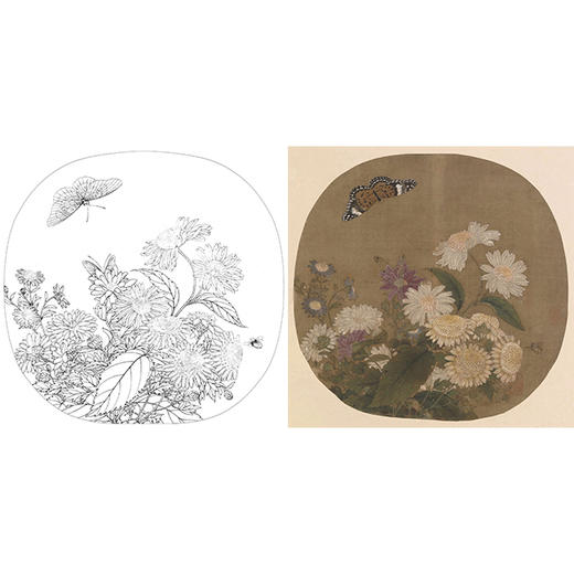 宋画花鸟白描底稿-南宋 朱绍宗 菊丛飞蝶-蝴蝶小品-X002 商品图0