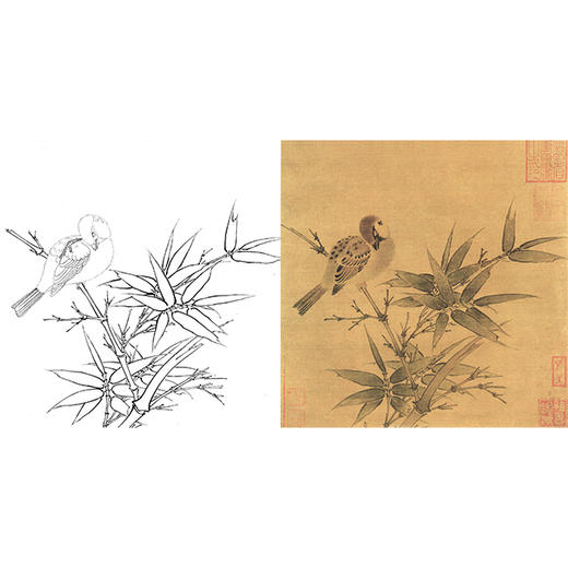 宋画工笔花鸟白描底稿-宋 佚名 竹雀图-斗方小品册页-X027 商品图0
