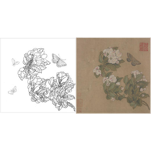 宋画花鸟白描底稿-宋 佚名 海棠蛱蝶图-蝴蝶-斗方小品册页-X017 商品图0