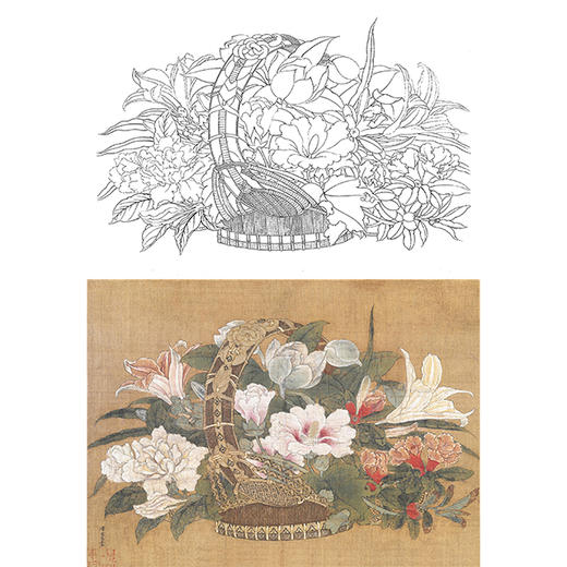 宋画横幅工笔花鸟白描底稿-宋 李嵩 花篮图-X029 商品图0