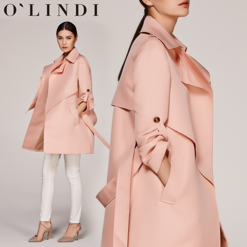 2016春季新款双层领裸粉色中长款女式风衣外套秋装