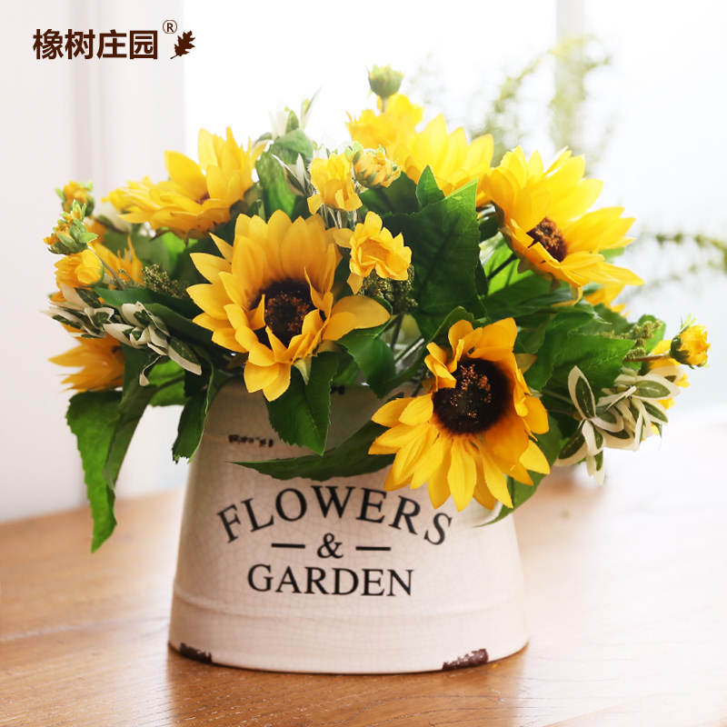 法式乡村做旧太阳花艺套装摆件 家居客厅餐桌向日葵花瓶装饰摆设