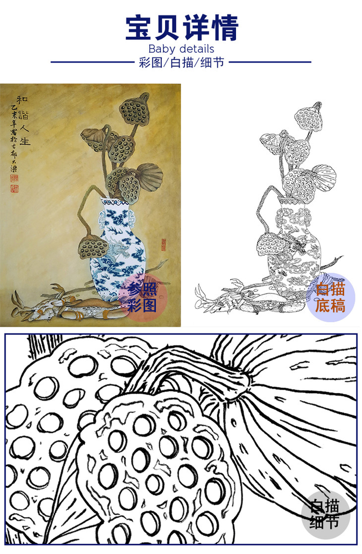 白描底稿-花瓶莲蓬-xv06 - 工笔底稿商城