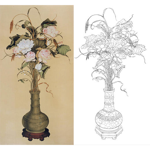 竖幅工笔花鸟白描底稿-花瓶荷花-XV05 商品图0