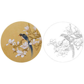 工笔花鸟白描底稿-玉兰花小品-XV09