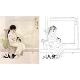 工笔现代人物白描底稿-儿童-心事-斗方小品册页-ZV09