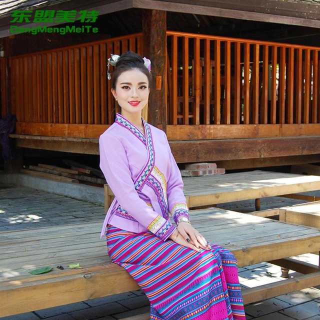 新款傣族传统服装女长袖筒裙水傣服装粉色节日装生活装