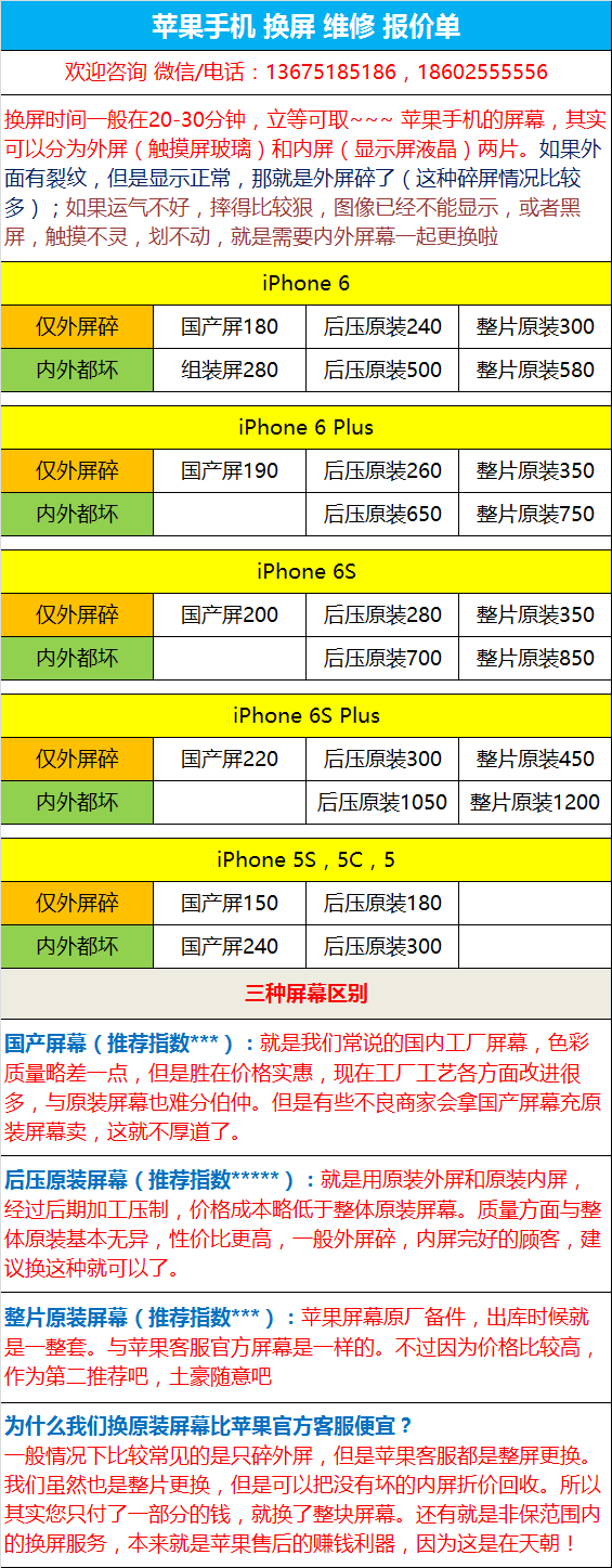 苹果手机 【换屏幕】【换电池】报价单