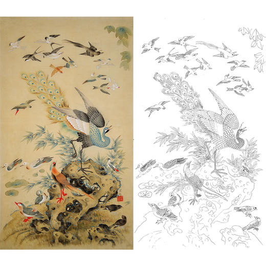 竖幅工笔花鸟白描底稿-周光明《百鸟朝凤》-DV02 商品图0