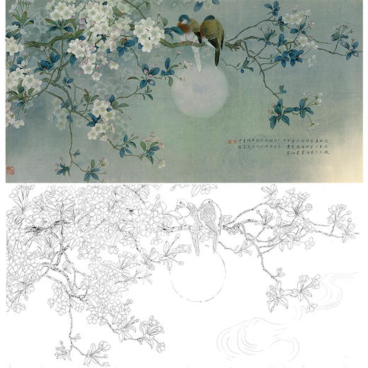 横幅工笔花鸟白描底稿-周中耀-海棠花《月夜》-多种白描尺寸可选-FV13 商品图0