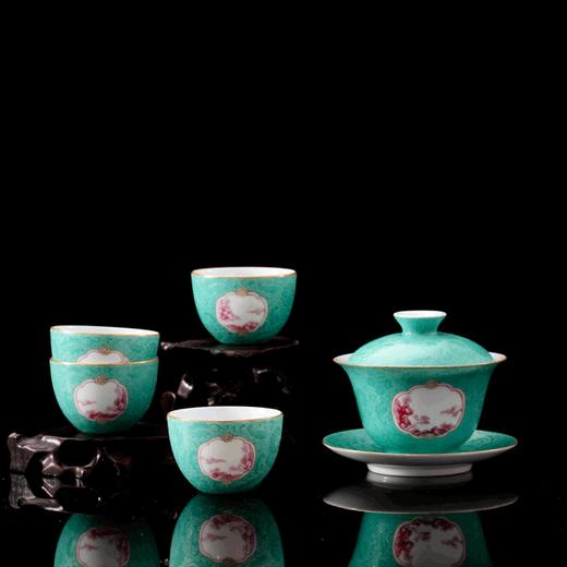 湖水绿扒花粉彩开关玛瑙红山水小罗汉杯5头茶具 商品图0