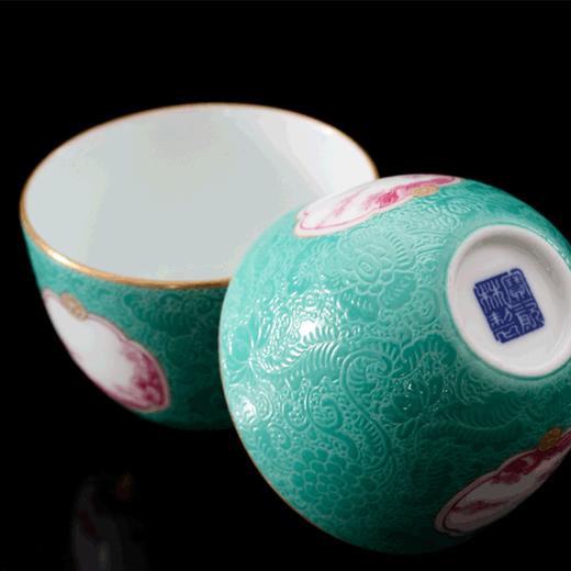 湖水绿扒花粉彩开关玛瑙红山水小罗汉杯5头茶具 商品图4
