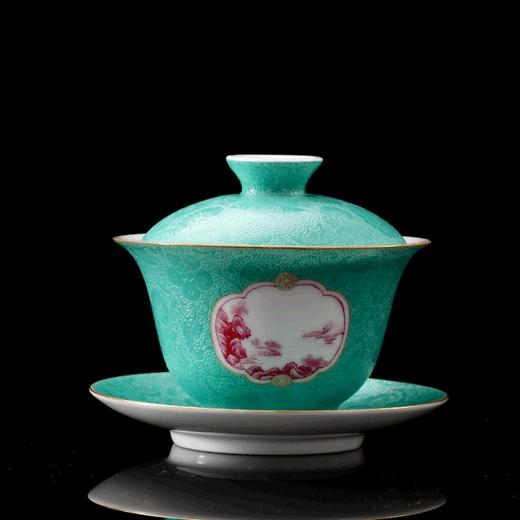 湖水绿扒花粉彩开关玛瑙红山水小罗汉杯5头茶具 商品图1