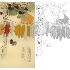 竖幅工笔花鸟白描底稿-玉米-俞致贞《农村小景》-多种白描尺寸可选-HV09