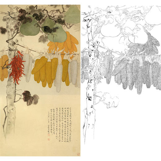 竖幅工笔花鸟白描底稿-玉米-俞致贞《农村小景》-多种白描尺寸可选-HV09 商品图0