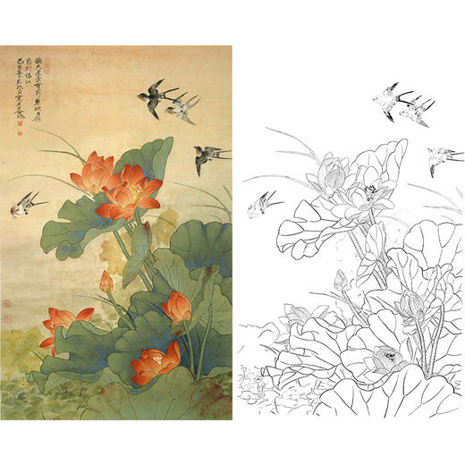 竖幅工笔花鸟白描底稿-俞致贞荷花燕子-HV03 商品图0