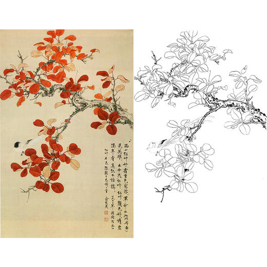 竖幅工笔花鸟白描底稿-俞致贞红叶-HV08 商品图0