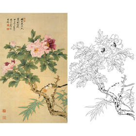 竖幅工笔花鸟白描底稿-牡丹-俞致贞《国色天香》-多种白描尺寸可选-JV01