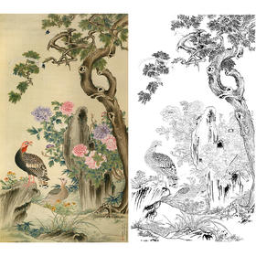 竖幅工笔花鸟白描底稿-俞致贞《牡丹柏寿图》-多种白描尺寸可选-JV09