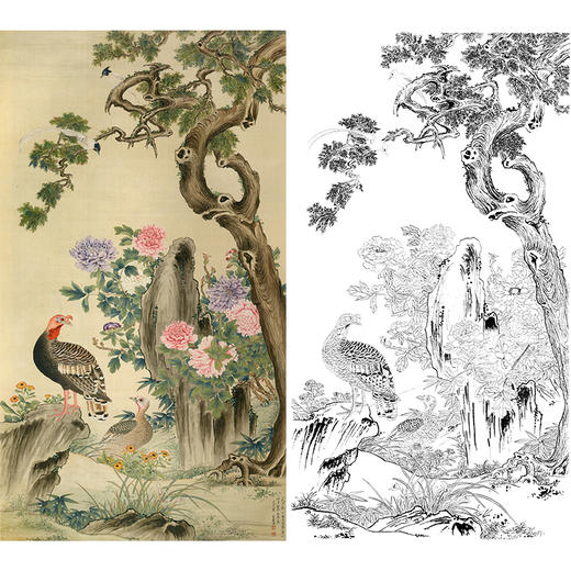 竖幅工笔花鸟白描底稿-俞致贞《牡丹柏寿图》-多种白描尺寸可选-JV09 商品图0