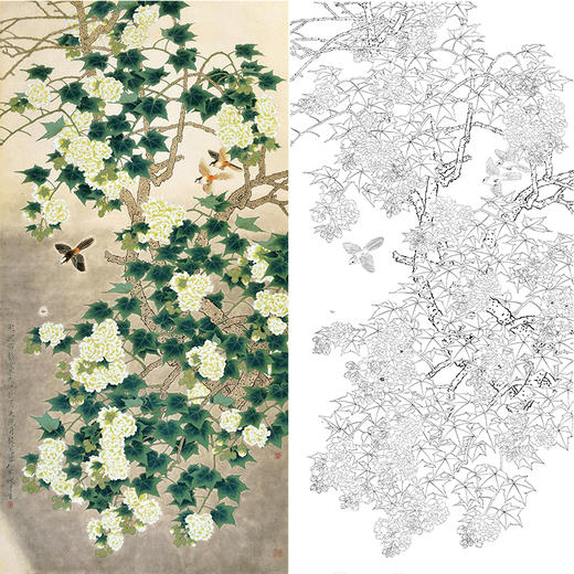 竖幅工笔花鸟白描底稿-周彦生芙蓉花《寒波照影》-多种白描尺寸可选-QN19 商品图0