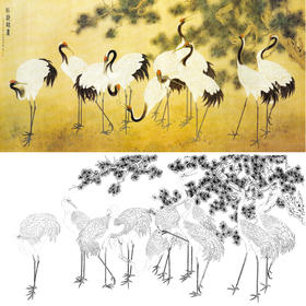 横幅工笔鸟动物白描底稿-陈之佛-仙鹤《松龄鹤寿》-多种白描尺寸可选-QA11
