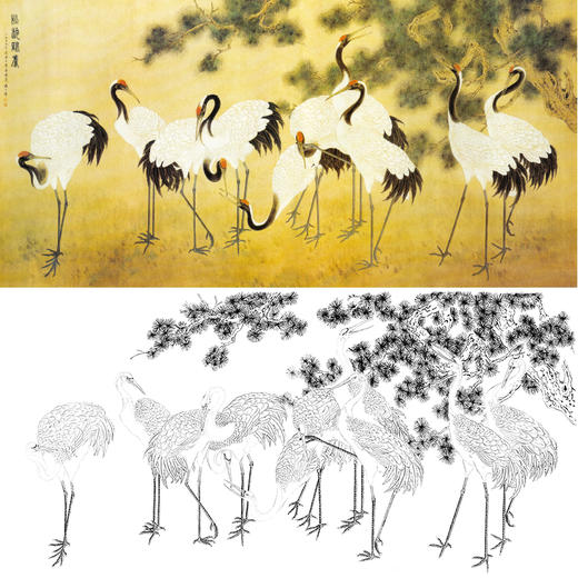 横幅工笔鸟动物白描底稿-陈之佛-仙鹤《松龄鹤寿》-多种白描尺寸可选-QA11 商品图0