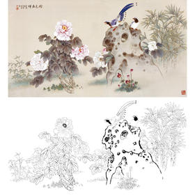 横幅工笔花鸟白描底稿-王庆升牡丹《国色春晖》-多种白描尺寸可选-QA10