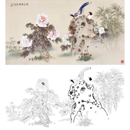 横幅工笔花鸟白描底稿-王庆升牡丹《国色春晖》-多种白描尺寸可选-QA10 商品图0