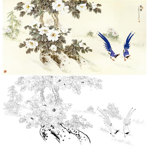 横幅工笔花鸟白描底稿-王庆升牡丹《惊春》-多种白描尺寸可选-QA08 商品图0