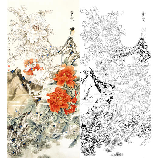 竖幅工笔花鸟白描底稿-王道中牡丹《云中笑》-多种白描尺寸可选-QS03 商品图0