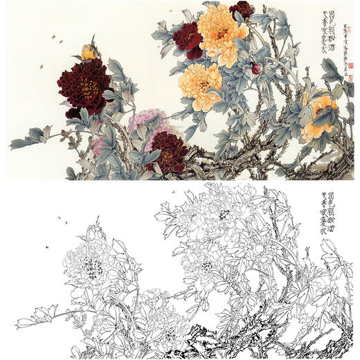 横幅工笔花鸟白描底稿-王道中牡丹《国色朝酣酒 天香夜袭衣》-多种白描尺寸可选-QS09 商品图0