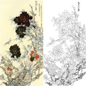 竖幅工笔花鸟白描底稿-王道中牡丹-《微风花欲舞》-多种白描尺寸可选-QS01