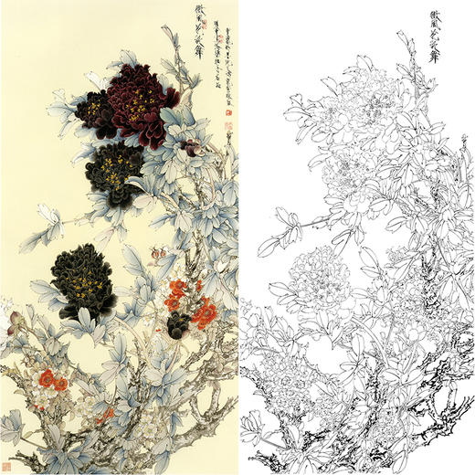 竖幅工笔花鸟白描底稿-王道中牡丹-《微风花欲舞》-多种白描尺寸可选-QS01 商品图0