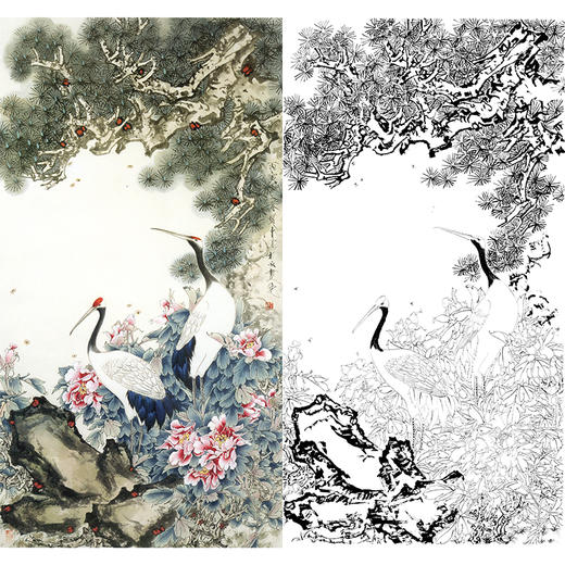 竖幅工笔花鸟白描底稿-王道中-仙鹤《松鹤长春》-多种白描尺寸可选-QS05 商品图0