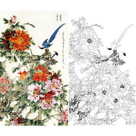 竖幅工笔花鸟白描底稿-王道中牡丹-《富贵长寿》-多种白描尺寸可选-QS08