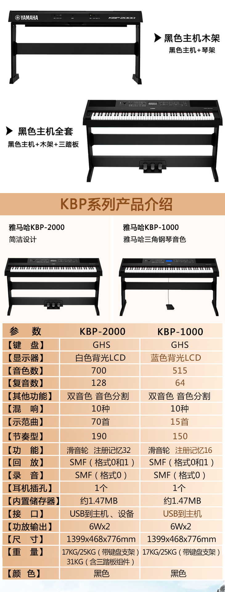 雅马哈电钢琴kbp-2000电子钢琴88键重锤 数码钢琴初学