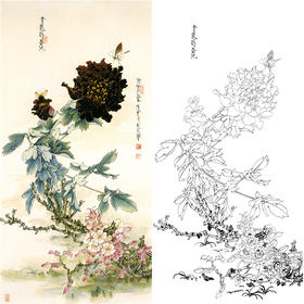 竖幅工笔花鸟白描底稿-王道中牡丹《青龙卧墨池》-多种白描尺寸可选-QS18