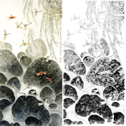 竖幅工笔花鸟白描底稿-蜻蜓-王道中-《雨后》-多种白描尺寸可选-QS16 商品图0