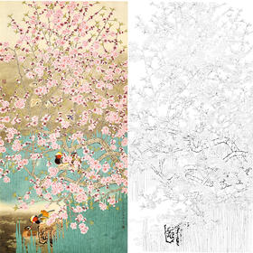 竖幅工笔花鸟白描底稿-鸳鸯-周彦生-《翠红照影》-多种白描尺寸可选-QN23