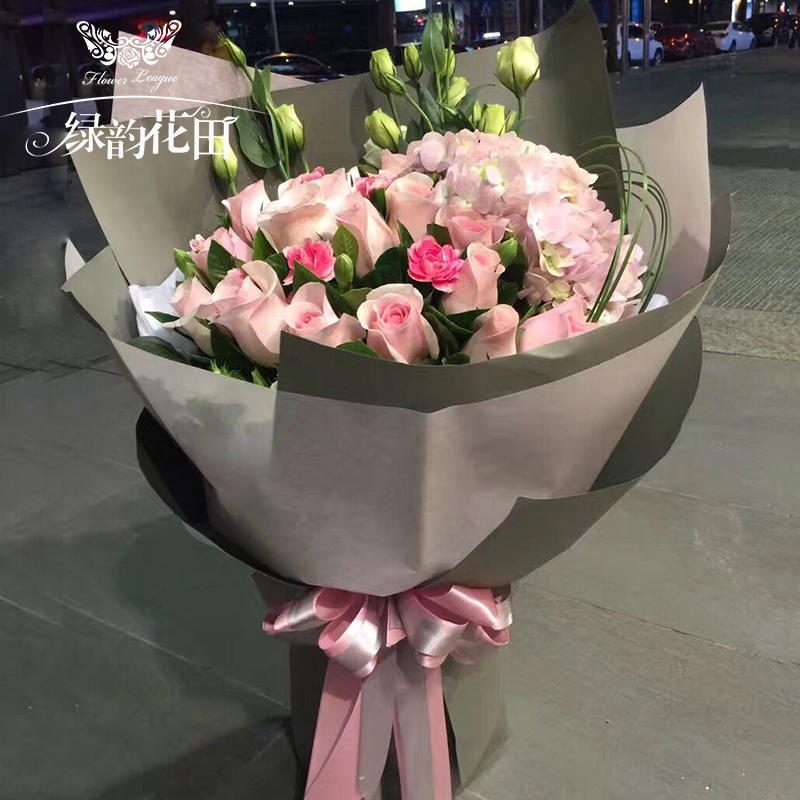 粉玫绣球精品玫瑰花束送女朋友老婆生日表白情人节礼物同城送花粉色