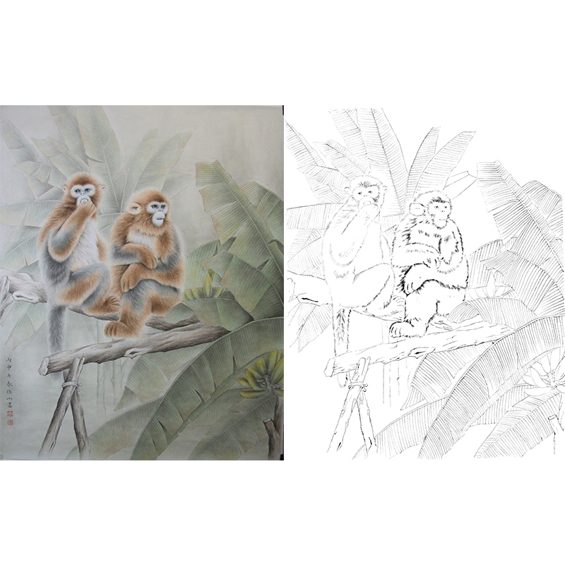 李保山动物工笔猴蕉园闲趣多种白描尺寸可选el04
